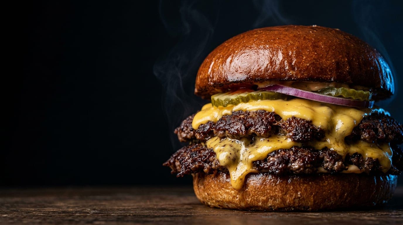 Dubbele smash burger met gesmolten cheese en krokante randjes, in donker studiolicht