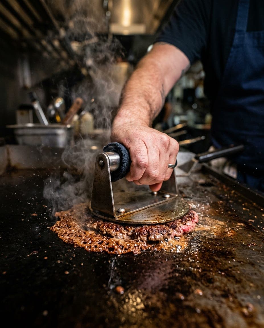 Een patty wordt platgedrukt op de plancha